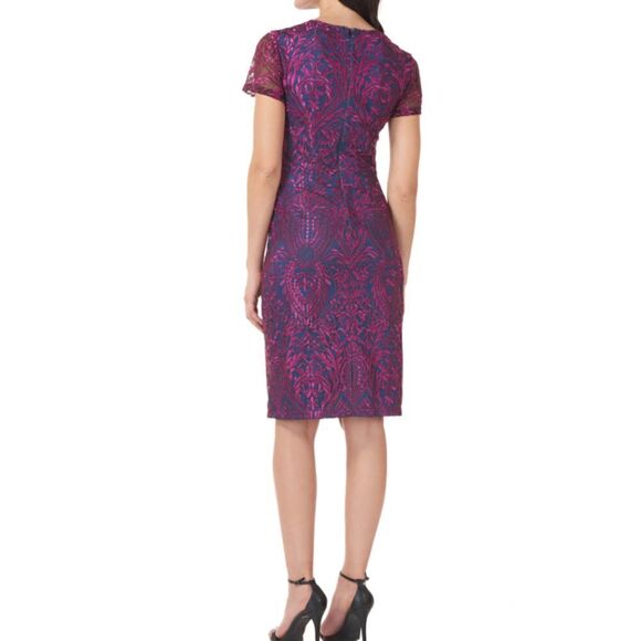 JS Collections Short Sleeve Blue Pink Overlay Metallic Sheath Cocktail Dress - Picture 5 of 12